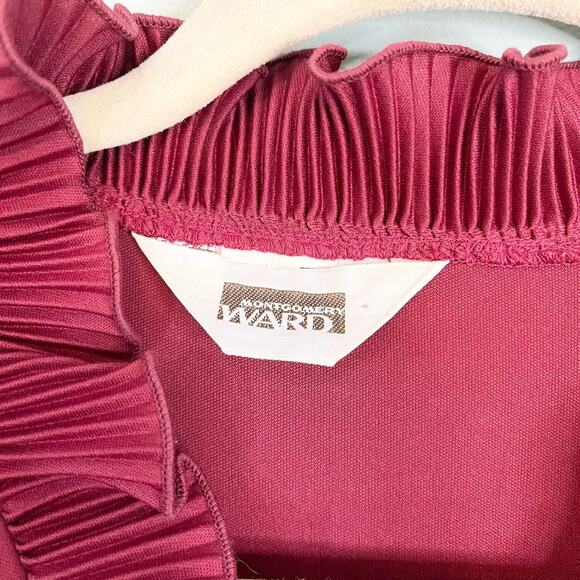 Montgomery Ward Maroon Sheer Ruffled Belted Button Pleated Midi Dress Size L/XL - Picture 9 of 9
